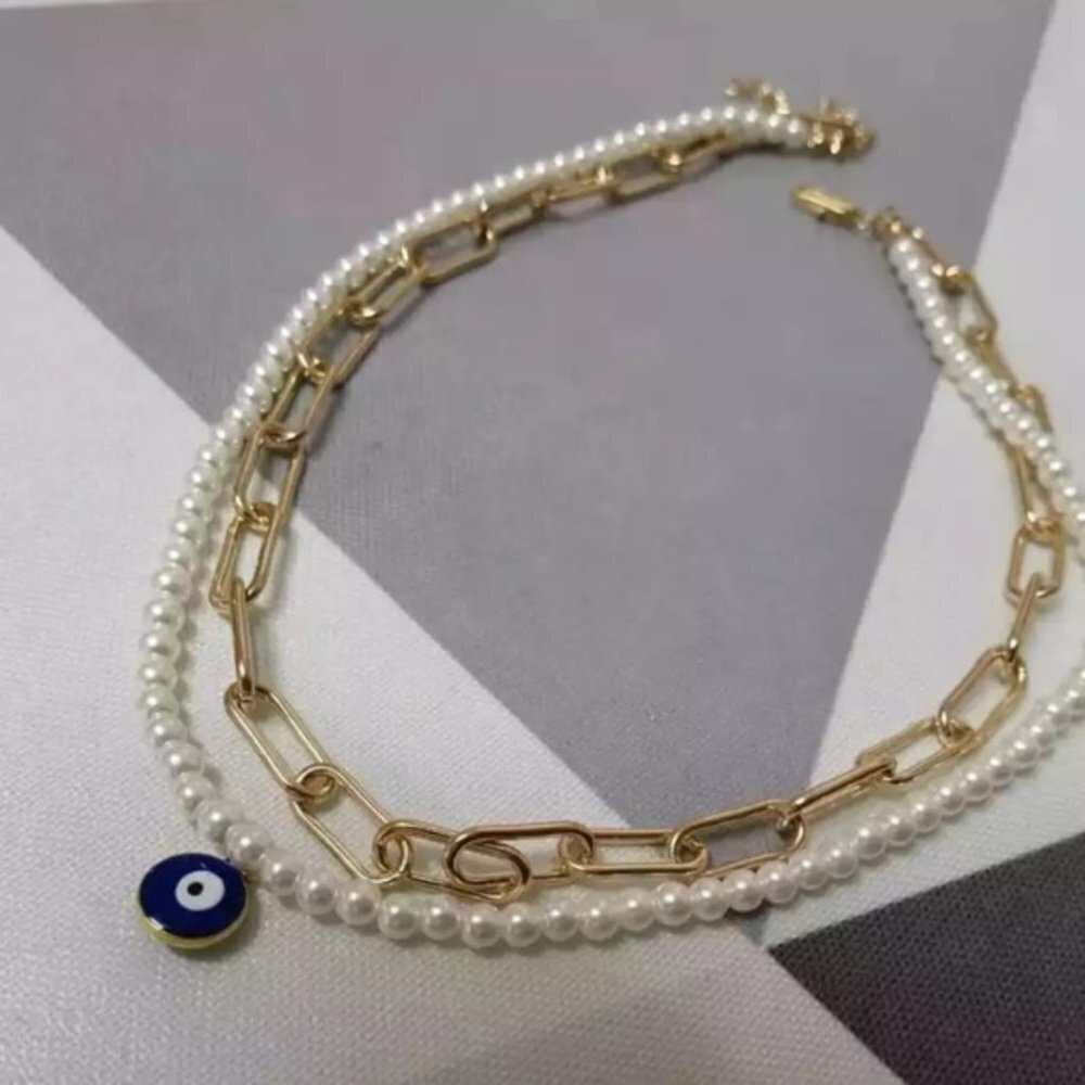 18K Gold Filled Evil Eye and Pearl Layered Choker Necklace